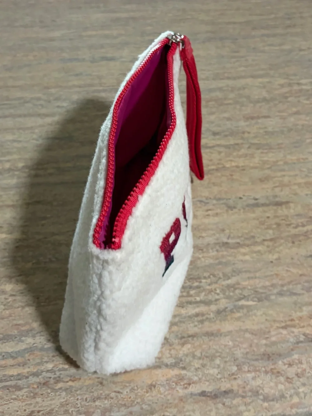 PINK Victoria's Secret Sherpa Zip Pouch in White with Pink-Teal Gradient Logo
